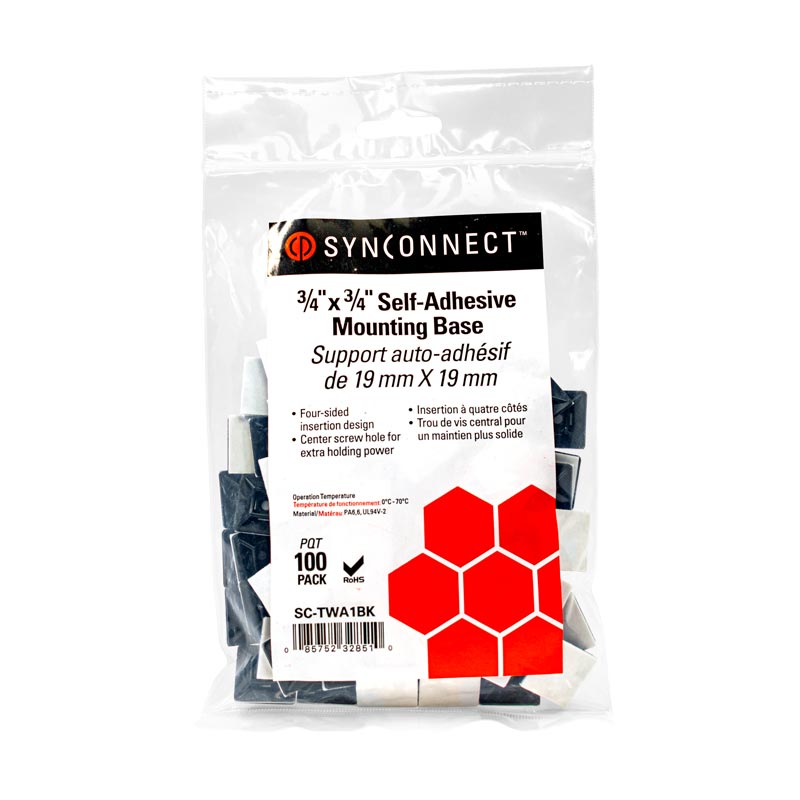 SC-TWA1BK-bag UV-Resistant Self-Adhesive Cable Cradle Mounts for Cable Tie ¾" x ¾" Mounting Base Bag